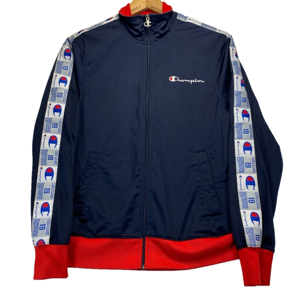 CHAMPION Track Jacket Mens Vintage M~Spell Out Down Arm~Red & Blue ~Full Zip